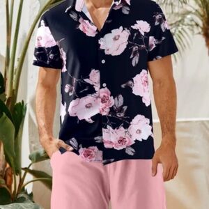 Floral Black and Pink Men's Vacation Outfit L/XL